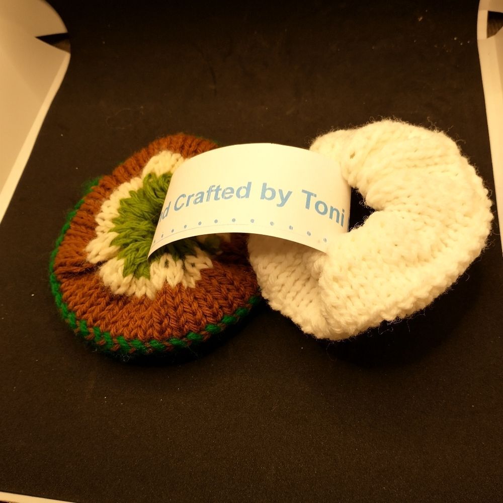 Hand Crafted Knit Scrunchies Green White Jumbo Hair Band Accessory